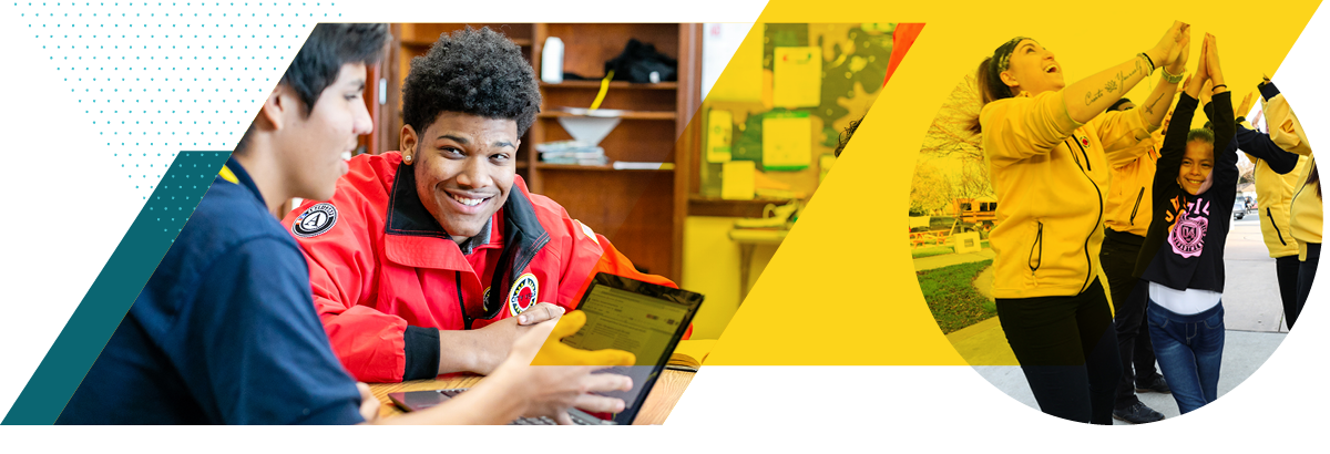 Photo of a 黄色视频 AmeriCorps member at a desk with a student, a large bright yellow parallelogram, and a photo of a team of corps members greeting a young student to school with enthusiasm